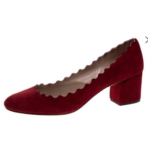 Chloe Suede Lauren Scallop Trim 50mm Block Heel Pumps Red Women's Size EU 40.5 - Picture 1 of 7